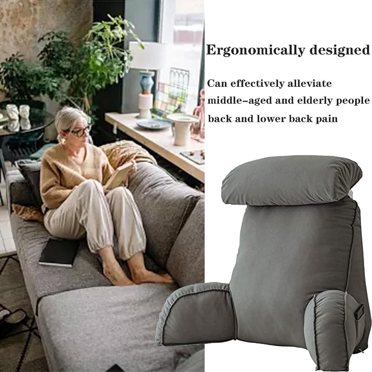 Leeskussen met Nek-/Armsteun - Grijs - 75 x 40 x 50 cm - Comfortabel Kussen voor Ondersteuning - Voor Thuisgebruik