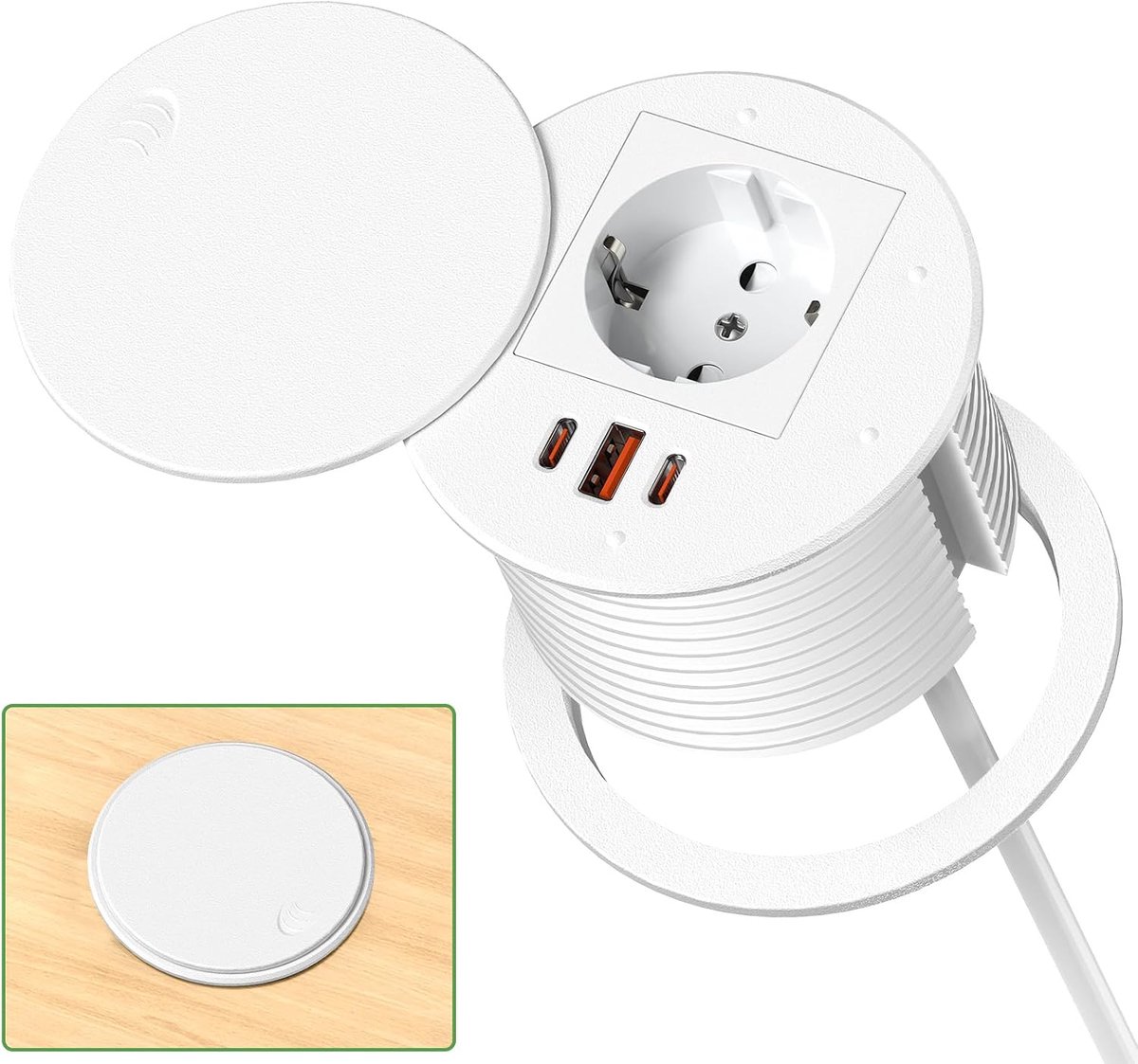 werkblad met USB C PD 35 W, inbouwstekkerdoos voor kantoor met deksel, uittrekbaar stopcontact voor keuken, kantoor, meubels, 3680 W/16 A, 1,8 m kabel, wit