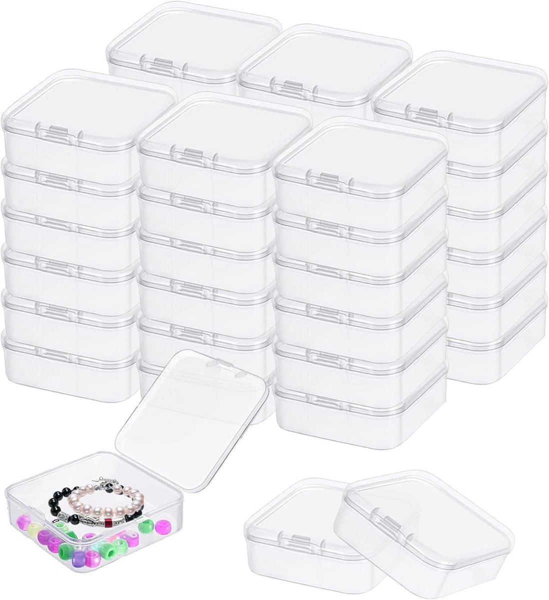 Set van 40 Herbruikbare Transparante Plastic Dozen met Scharnierdeksel voor Sieraden en Ringenopslag - Compact en Praktisch (5.5 x 5.5 x 2 cm)