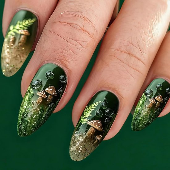 24 Handgemaakte Press-on Nagels | Kerstnagels te plakken met Design Amandelvormige Nagels met Paddestoel Jelly Gel Draagset Voor Vrouwen en Meisjes — afbeelding 4