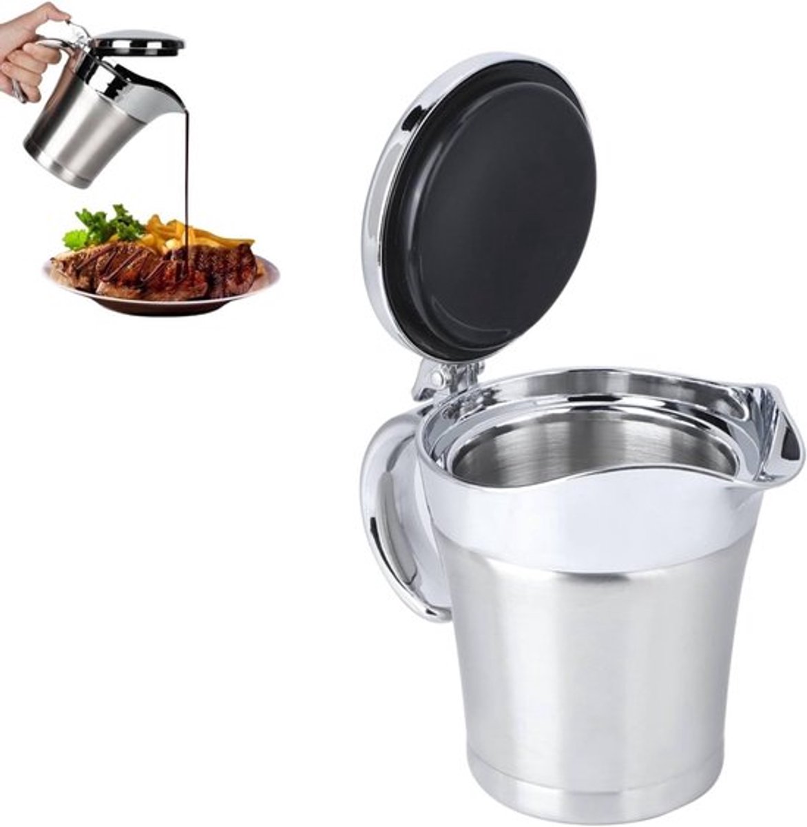 Dubbele Wand RVS Sauskom met Scharnierdeksel voor Tomatensaus en Roomsaus - 450ml Isolerende Sauskom voor Koken en Serveren