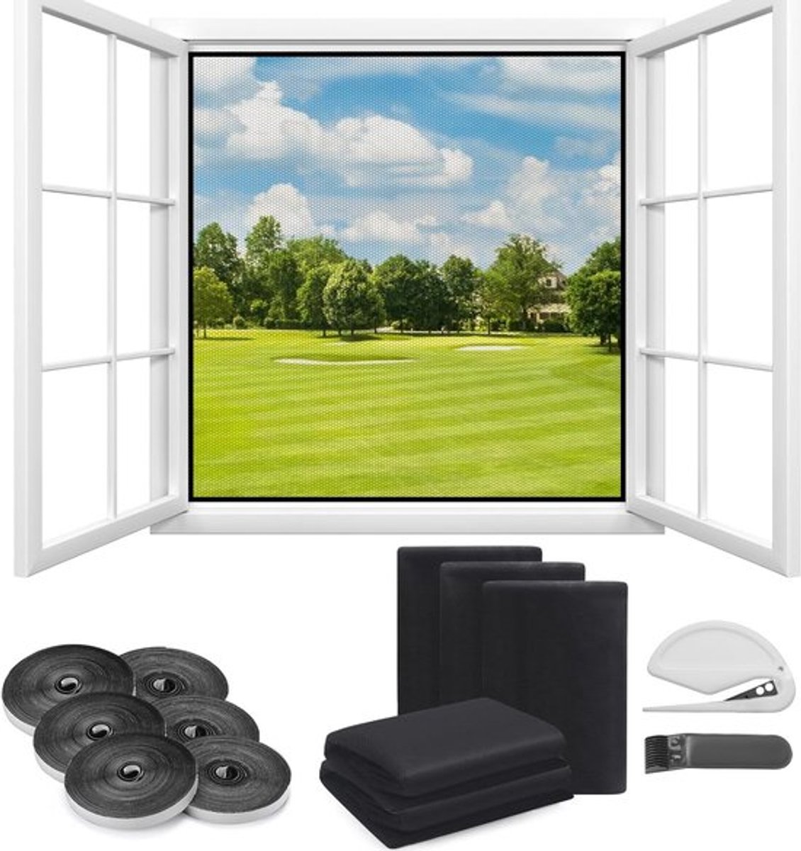 Set van 6 Zelfklevende Vliegenramen voor Vensters, 130 x 150 cm, Insectenbescherming met Snelle Bevestiging en Schraper, Muggennet en Vliegenhor