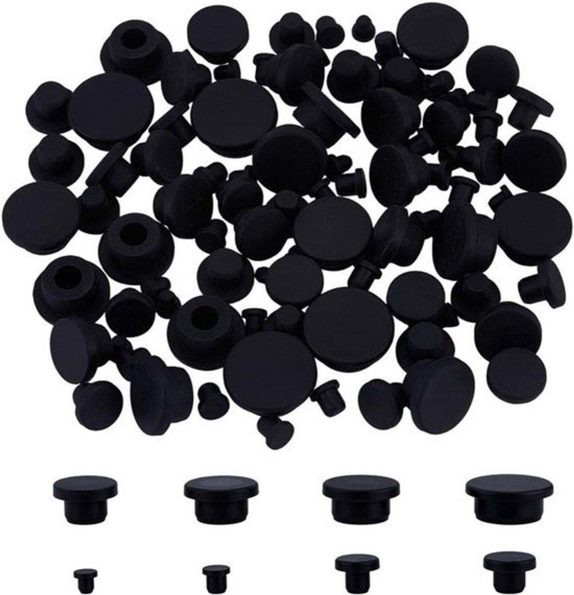 Image of 100 stuks siliconenkappen in 8 maten, zwarte snap-on eindkappen voor testbuizen, meubelpootbescherming en waterdichte toepassingen