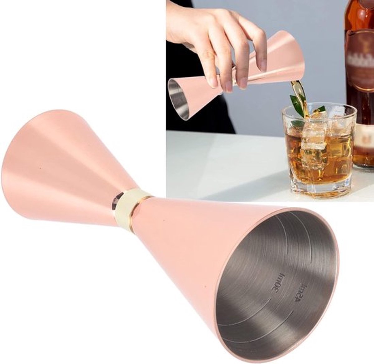 Dubbele Cocktail Jigger 30mm tot 60mm - Perfect voor Thuisgebruik, Koperafwerking en Comfortabele Grip
