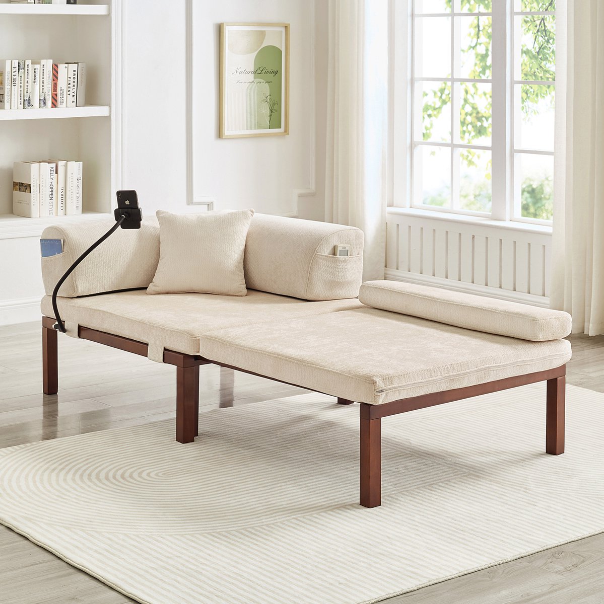 MEUNIQ Slaapbank 1-zits 176 x 81 x 64 cm uitklapbaar slaapgedeelte met houtframe, beige, voor slaapkamer, werkkamer of woonkamer