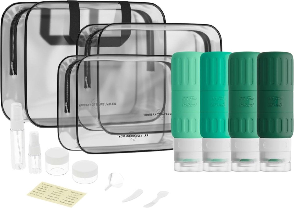 SnelShoppen - Silicone Reisflessen Set 14-delig - 100ml Reisflessen met Toilettas - Lekvrije Silicone Flessen - Ideaal voor Vakantie, Camping en Handb
