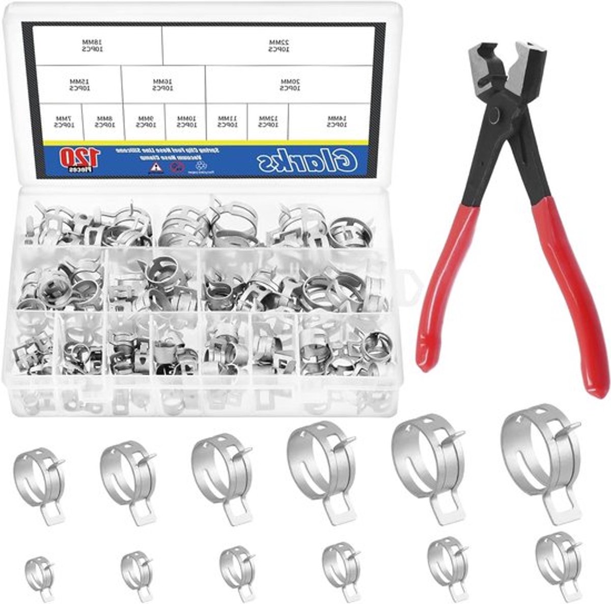 121-delige Assortiment van Veer Type Clips en Slangenklemmen voor Brandstof en Vacuümslangen - Inclusief Clic-R Slangenklem Pliers, Geschikt voor Diverse Maten van 7-22mm