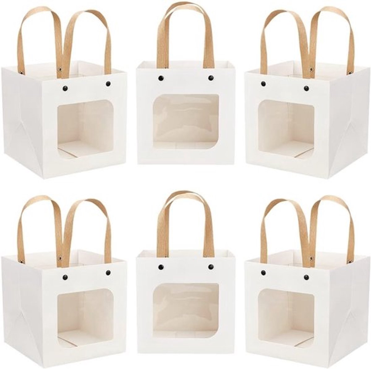 12 Stuks Witte Papieren Tassen 15x15cm met Handvatten voor Cadeaus, Trouwen, Feest en Winkelen - Kraft Papieren Tassen met Duidelijk Venster voor Snoep en Koekjes Verpakking