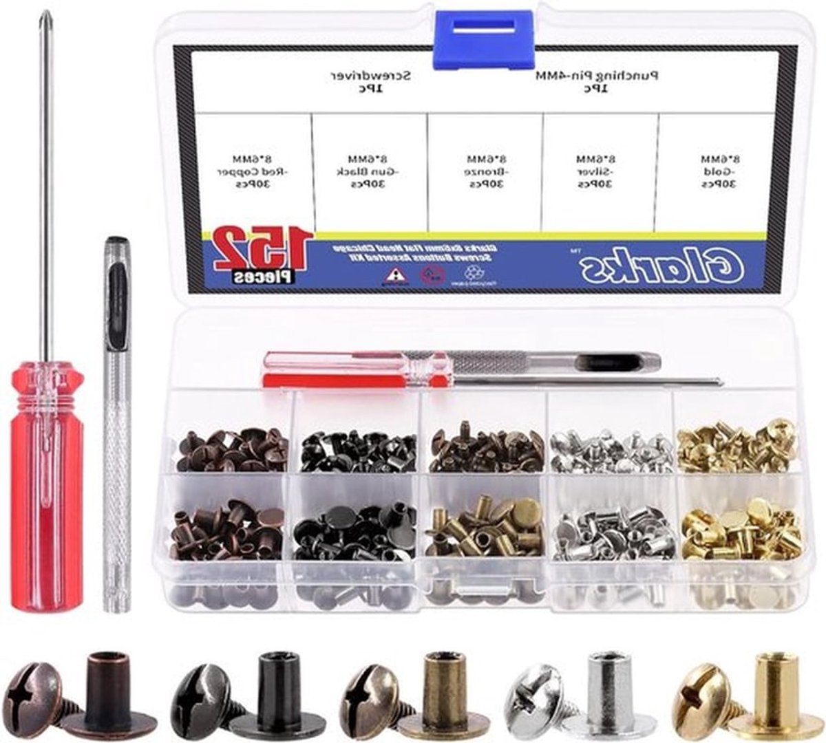 150 Sets 8x6mm Ronde Platte Hoofd Chicago Schroeven in 5 Kleuren voor Leerbewerking, Kleding, Schoenen en Tassen met Gaatjespons en Schroevendraaier