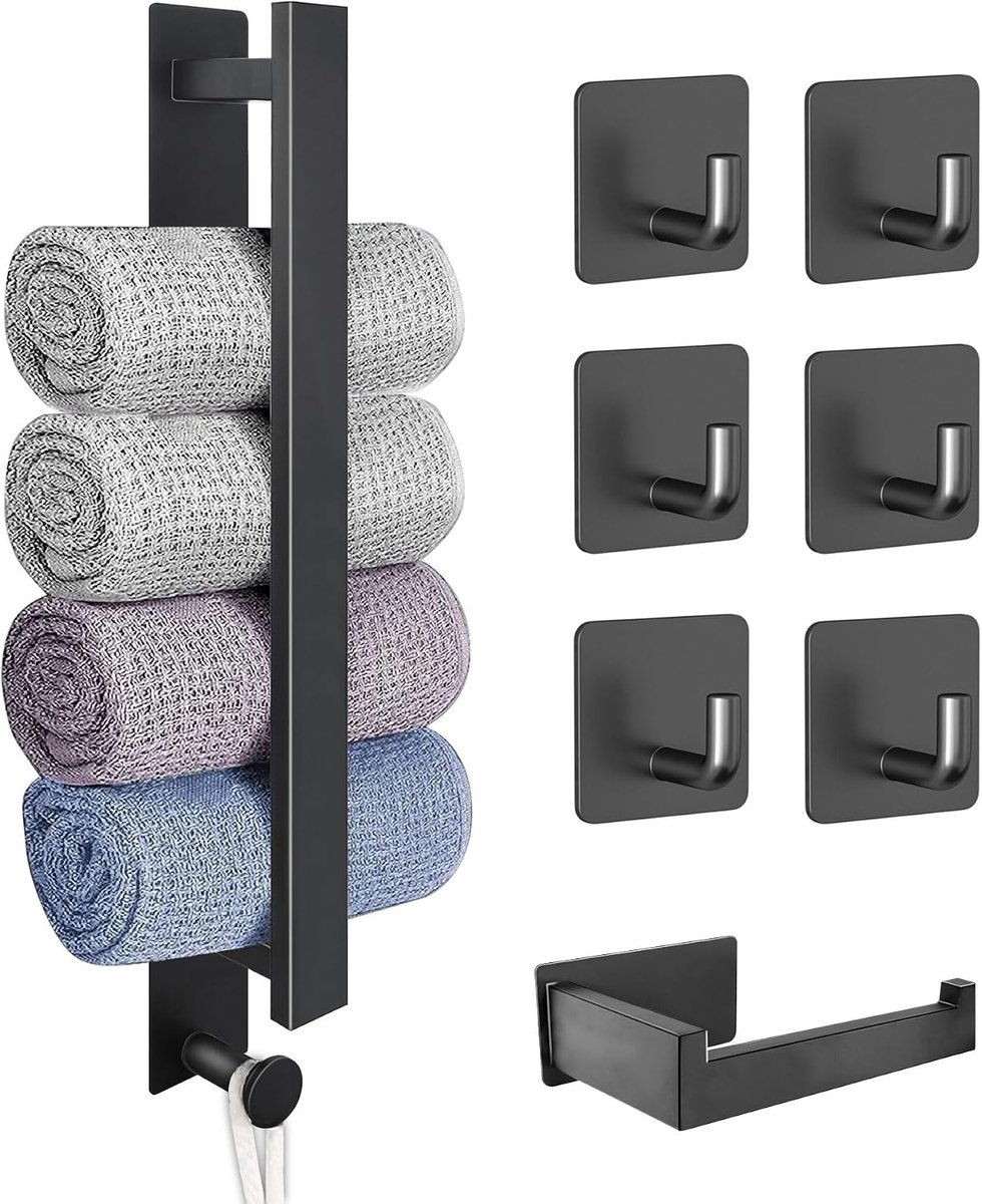 SnelShoppen - Handdoekhouder zonder boren, Gastendoekhouder, Zelfklevend, RVS met 1 Toiletpapierhouder en 6 Haakjes, Ideaal voor Badkamer en Keuken (4