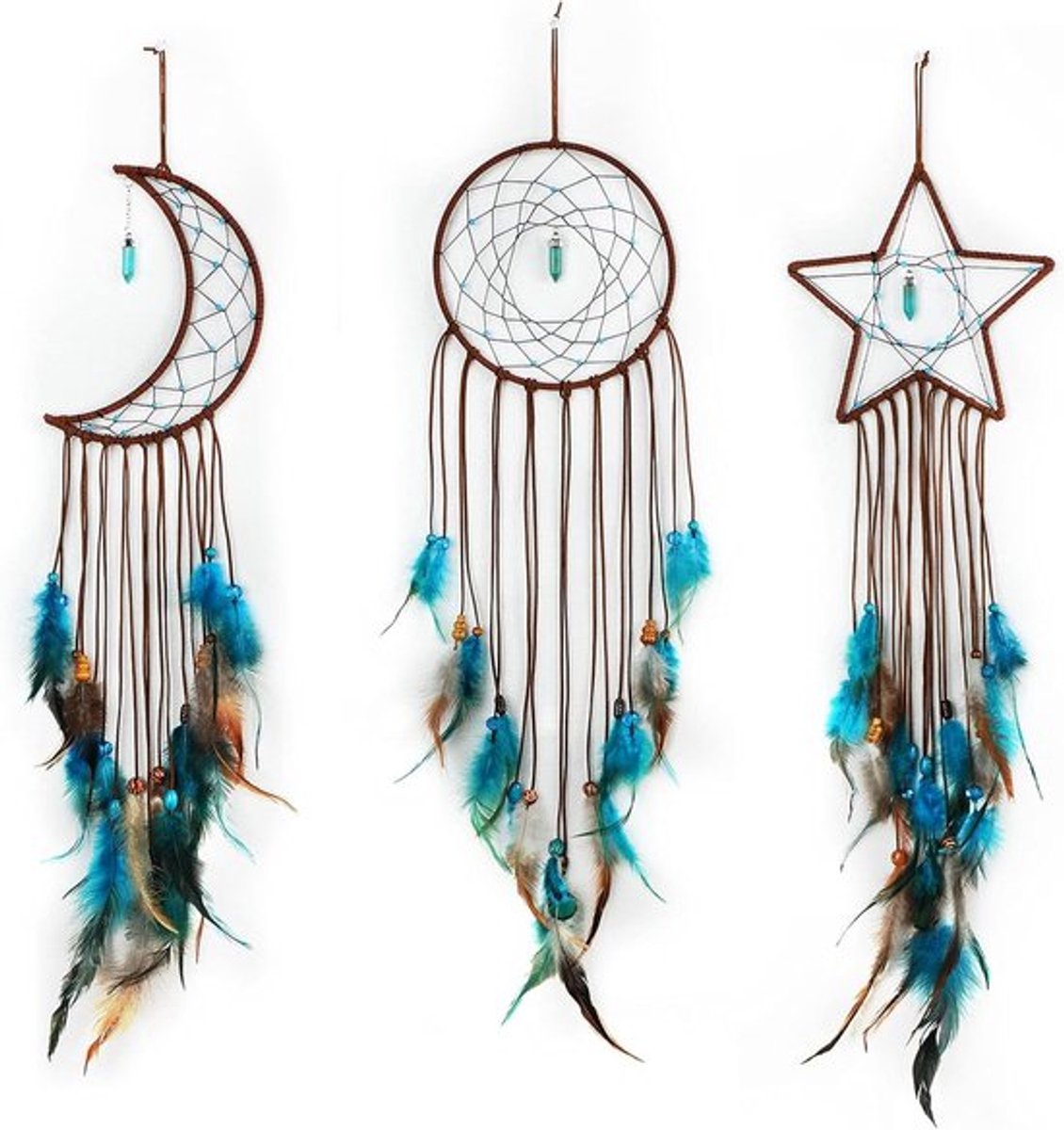 Droomvanger met Sterren, Zon en Maan Ontwerp, Traditioneel Handgemaakt voor Wanddecoratie en Slaapkamer Accessoires (Donkerblauw)