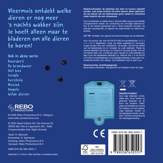 Achterkant van een boek met informatie over batterijen en veiligheidswaarschuwingen. Tekst in het Nederlands.