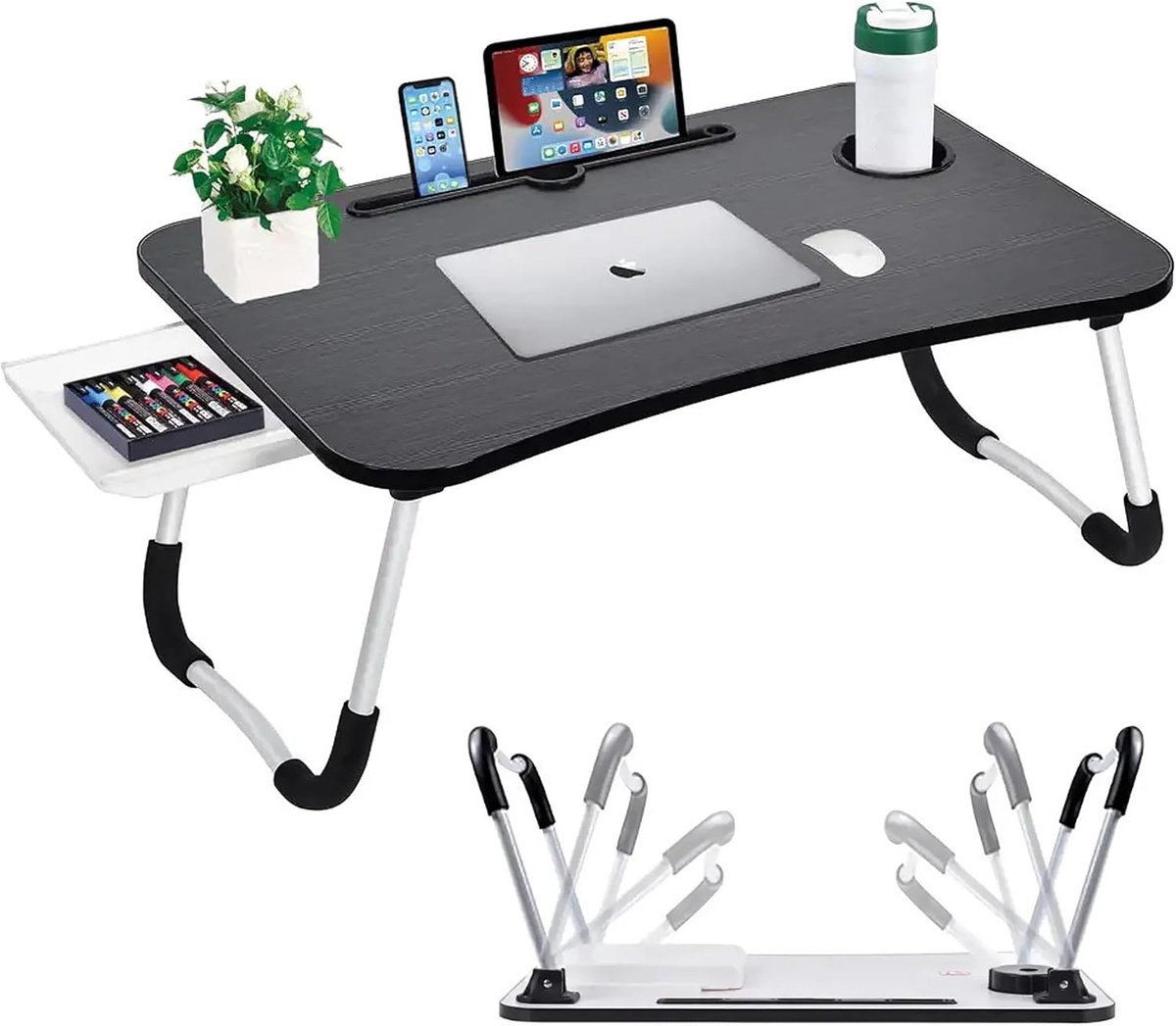 Opklapbare Laptoptafel - MDF-Houten Bureau Met Bekerhouder - Draagbare Laptoptafel - Ontbijtplateau - Geschikt Voor Bank Bed En Werk