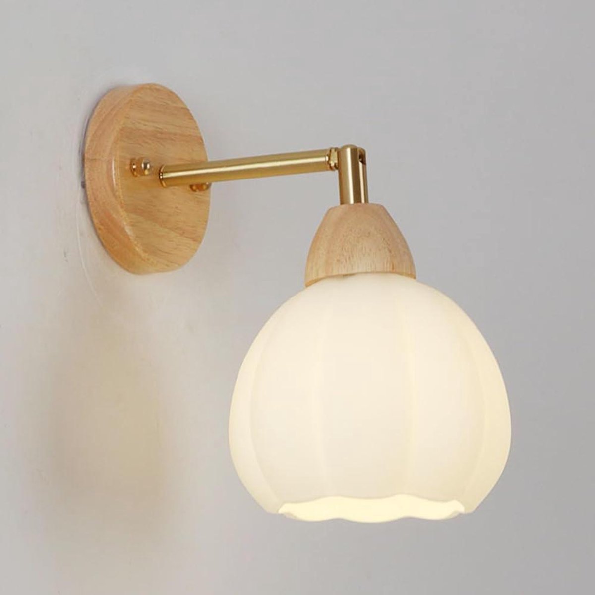 Wandlamp Hout en Glas - Sfeerverlichting Slaapkamer - Binnenverlichting - Vintage Houten Stijl - 14.5cm Breed - Messing