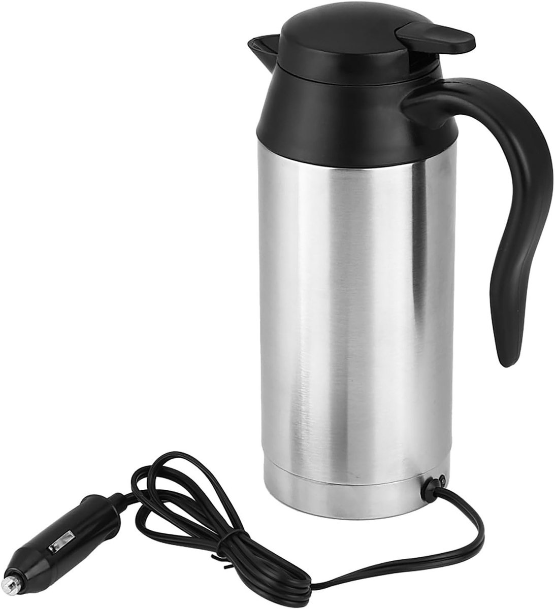 Elektrische Waterkoker voor Auto - Zilver en Zwart - 750 ml - Roestvrijstalen Reiswaterkoker met 12V Aansluiting - Voor Thee en Koffie