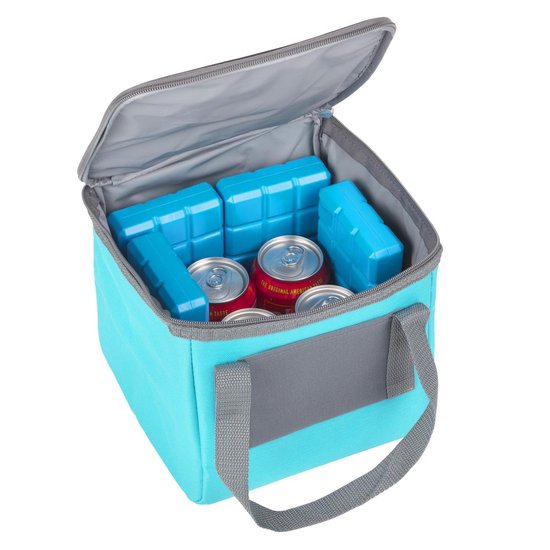 Turquoise koeltas met opening, gevuld met blikjes frisdrank en koelelementen.