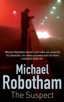 Boekomslag van 'The Suspect' van Michael Robotham. Een persoon staat op een brug, rode en witte lichten op de achtergrond.