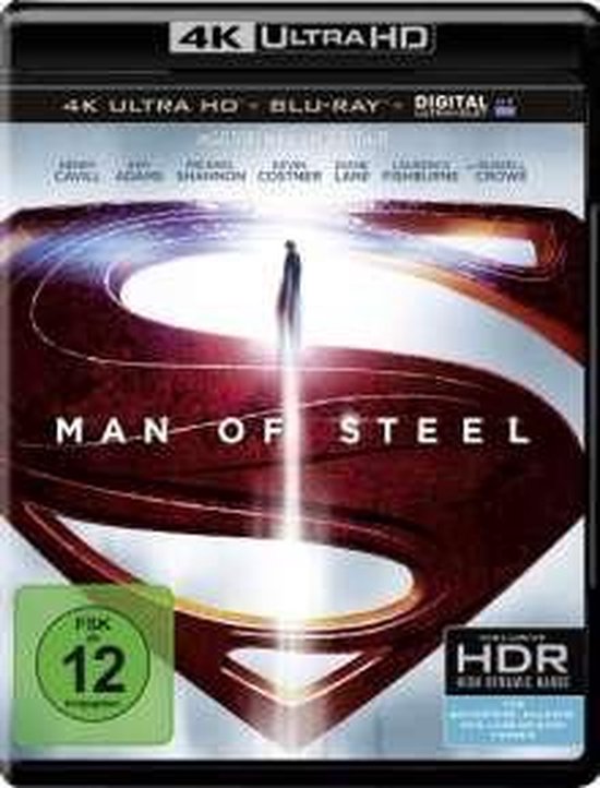 Voorzijde van de Man of Steel 4K Ultra HD Blu-ray hoes met Superman-logo en castnamen.