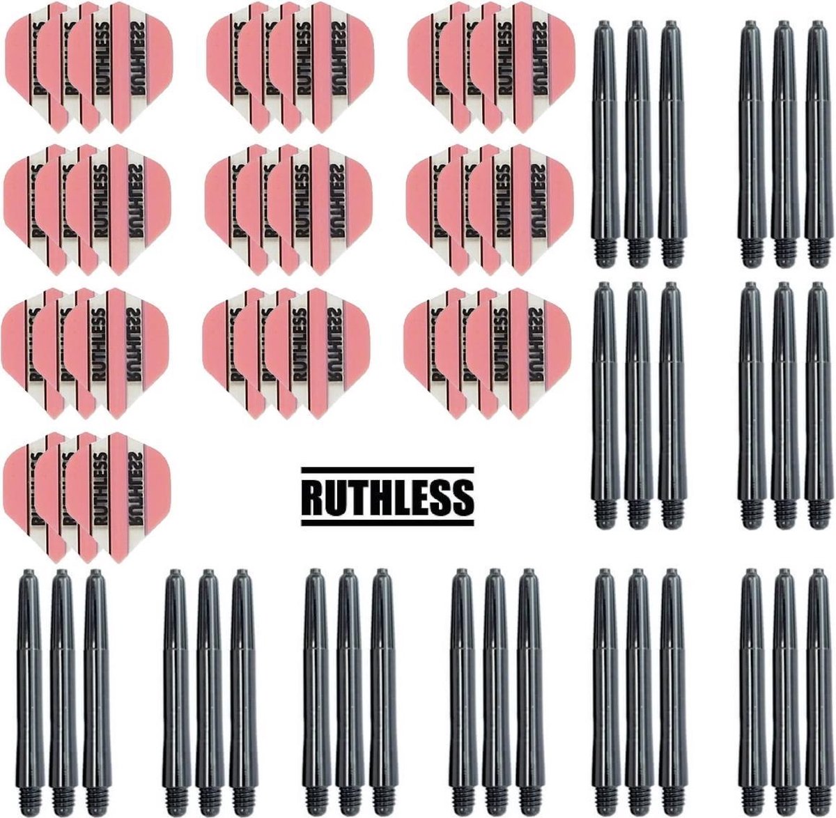 Darts Set - 10 Sets Ruthless Flights - darts flights - Roze - plus 10 sets Dragon - darts shafts - medium