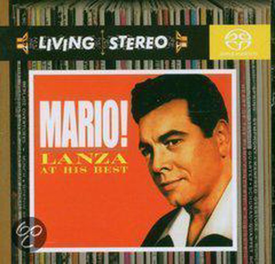 Albumhoes met Mario Lanza's gezicht, tekst 'MARIO! LANZA AT HIS BEST' en 'LIVING STEREO'.