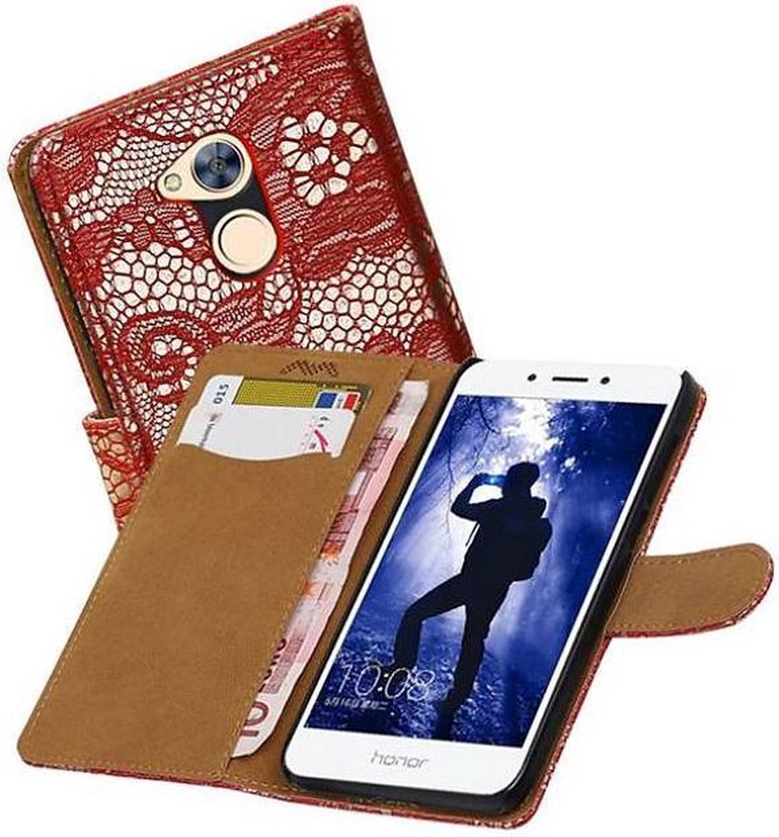 Lace Bookstyle Wallet Case Hoesjes Geschikt voor Huawei Honor 6 A Rood