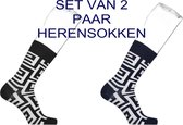 2 paar heren sokken - Labyrinth blauw en zwart met wit - Bonnie Doon - maat 40-46
