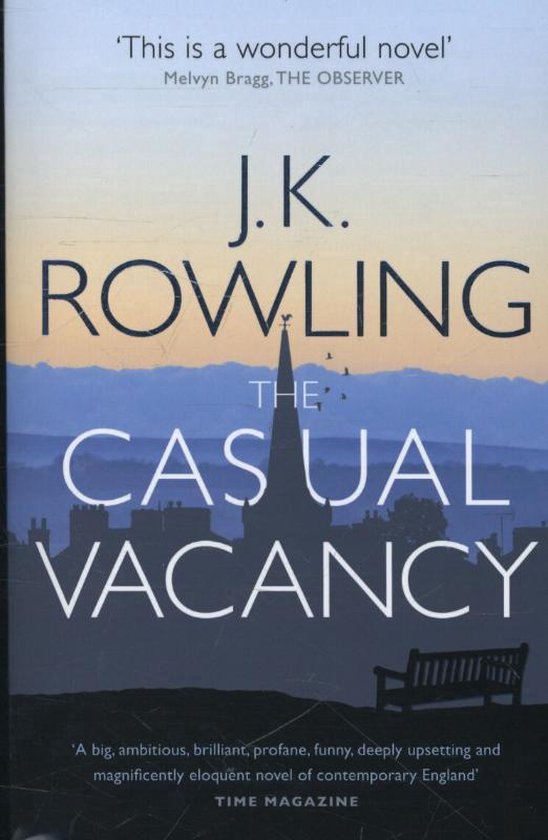 Boek 'The Casual Vacancy' van J.K. Rowling, met op de voorkant een illustratie van een kerk en een bankje.