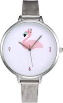 Flamingo zilverkleurig horloge - mesh band - 38 mm - I-deLuxe verpakking