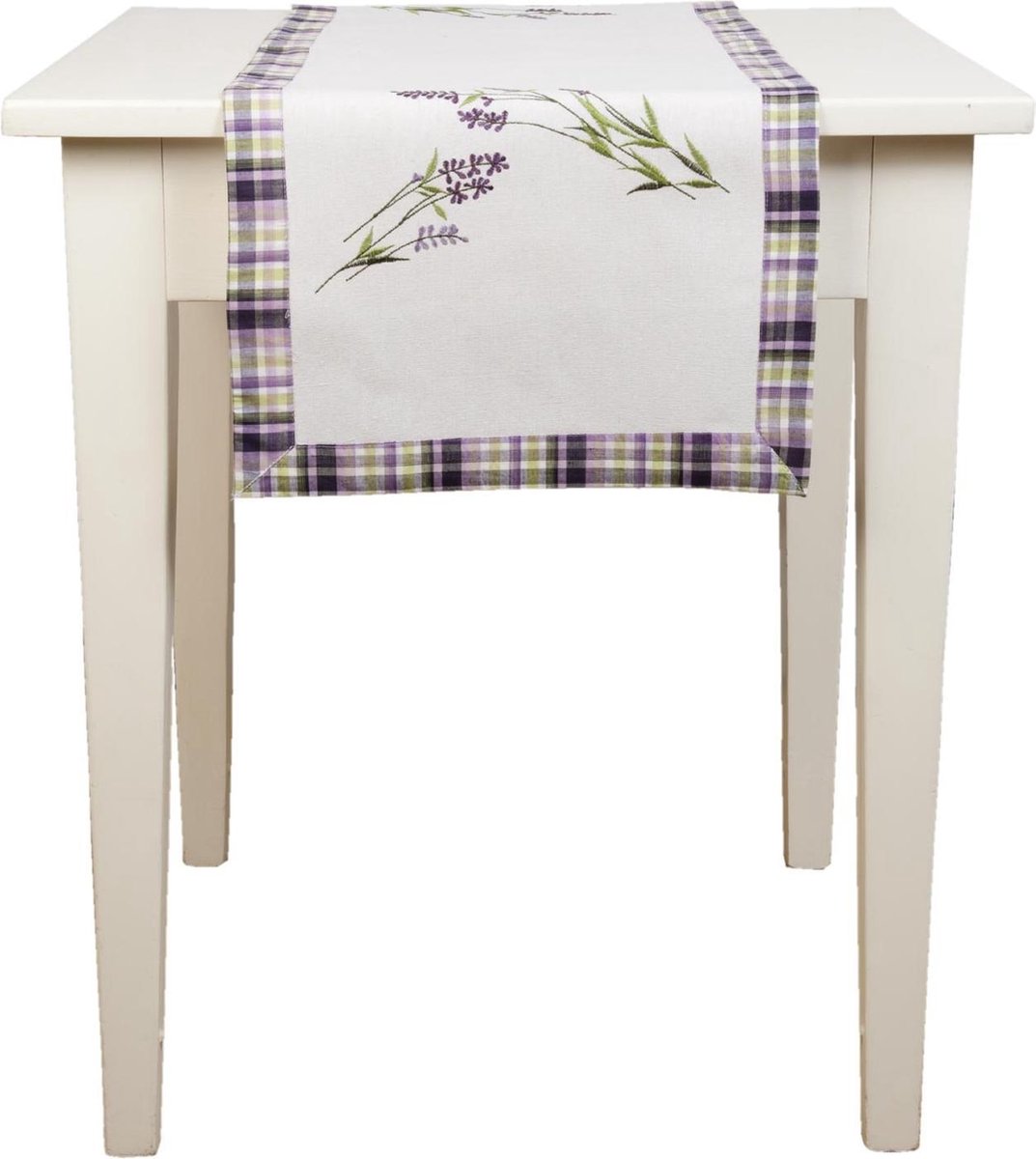 Clayre & Eef - Tafelloper - Geborduurde lavendel en geruite rand - Aubergine - 40 x 120 cm