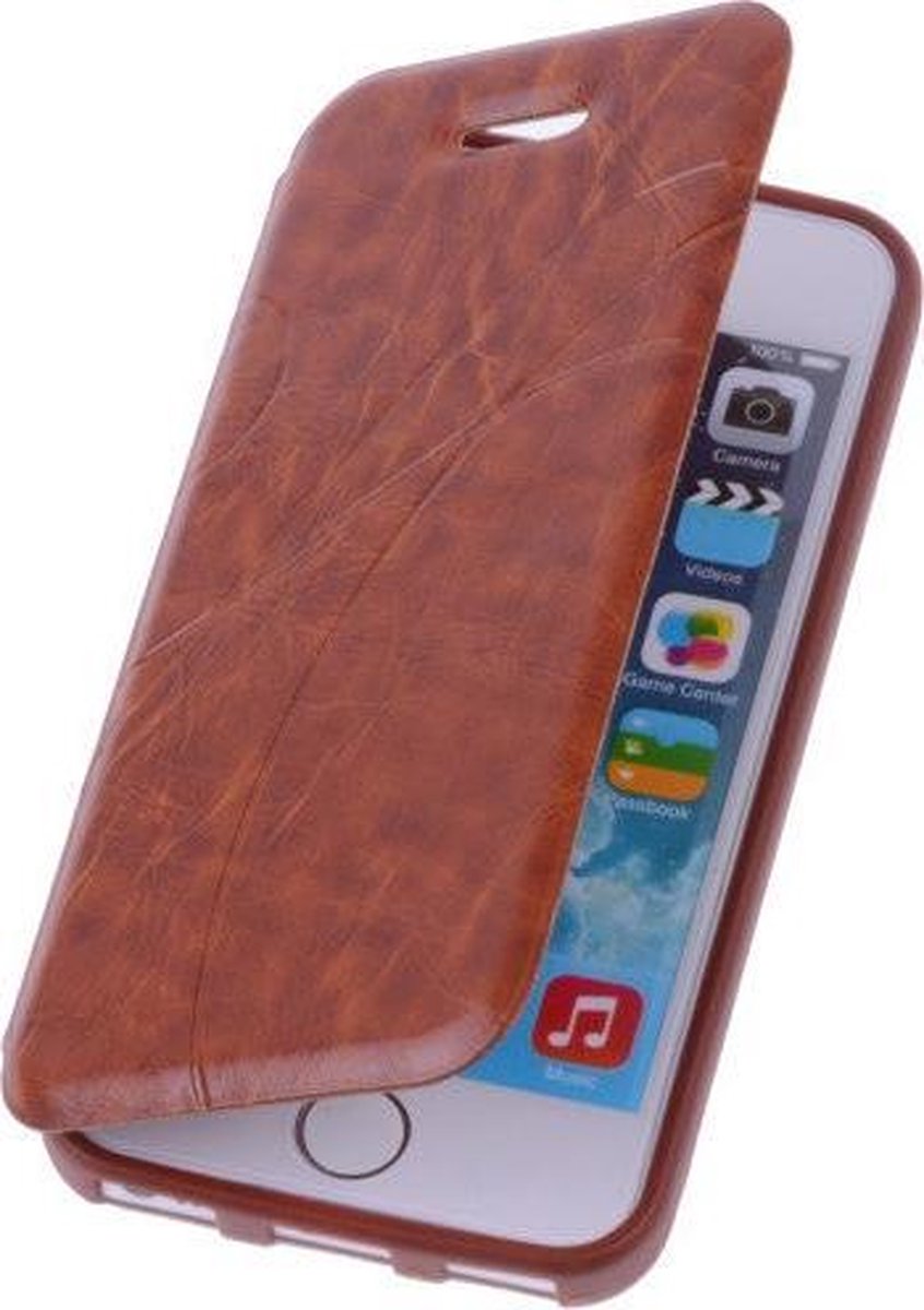Bruin TPU Silicone Booktype Flip Hoesje Apple iPhone 5 5S Lijn Motief