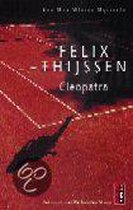 Boek Cleopatra van Felix Thijssen, met een rode achtergrond en een dinosaurus silhouet.