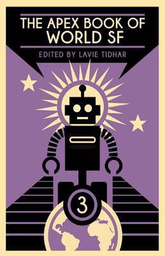 Boekcover van 'The Apex Book of World SF' met een robot en de aarde.