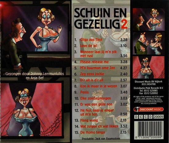 Cd-hoes met stripfiguren. Titel: SCHUIN EN GEZellig 2. Zang: Johnny Lammuniluos en Anja Bef.