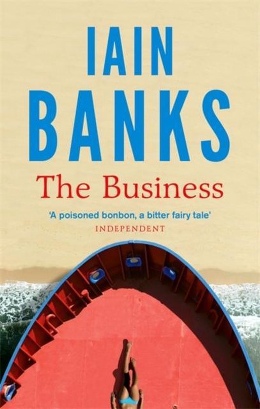 Boekomslag van 'The Business' van Iain Banks, met op het strand een persoon die van een rood dek springt.