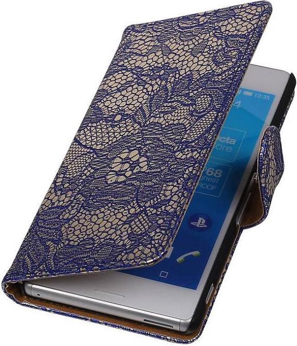 Lace Bookstyle Wallet Case Hoesjes Geschikt voor Sony Xperia M4 Aqua Blauw