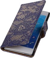 Lace Bookstyle Wallet Case Hoesjes voor Sony Xperia M4 Aqua Blauw
