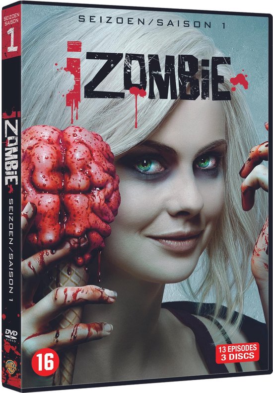 iZombie Seizoen 1 DVD box met een zombie met bleke huid, groen met bloed, die een ijshoorntje met een hersenvormig dessert vasthoudt.