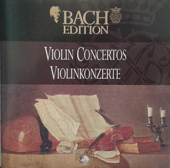 Albumhoes met Bach Edition, Vioolconcerten en een stilleven van bladmuziek, een viool en een kaarsenstandaard.