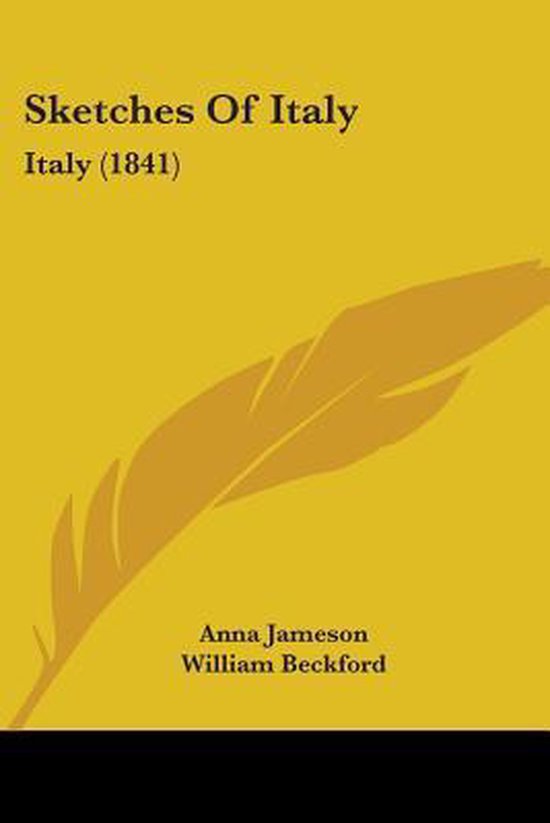 Boekhoes met de titel Sketches Of Italy. Geel met een veertekening.
