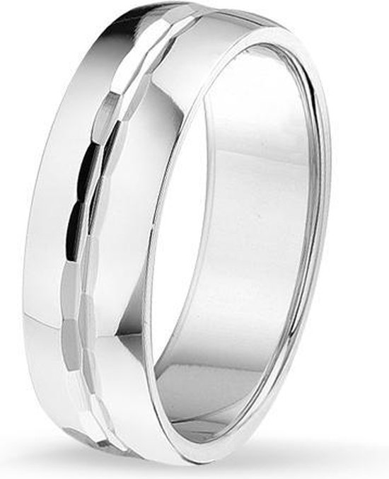 TRESOR Ring blinkend gepolijst met blinkende facetten in het midden - Gerhodineerd sterling zilver - 7mm breed
