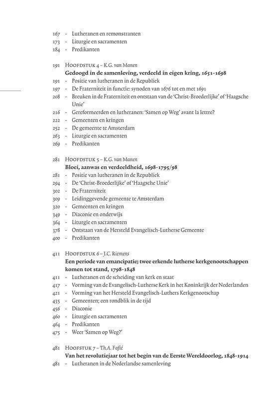 Onderdeel van de inhoudsopgave met hoofdstukken over de geschiedenis van lutheranen.