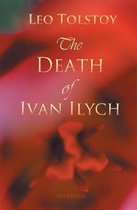 Couverture de livre avec des lettres dorées « The Death of Ivan Ilyich » sur fond rouge et rose.