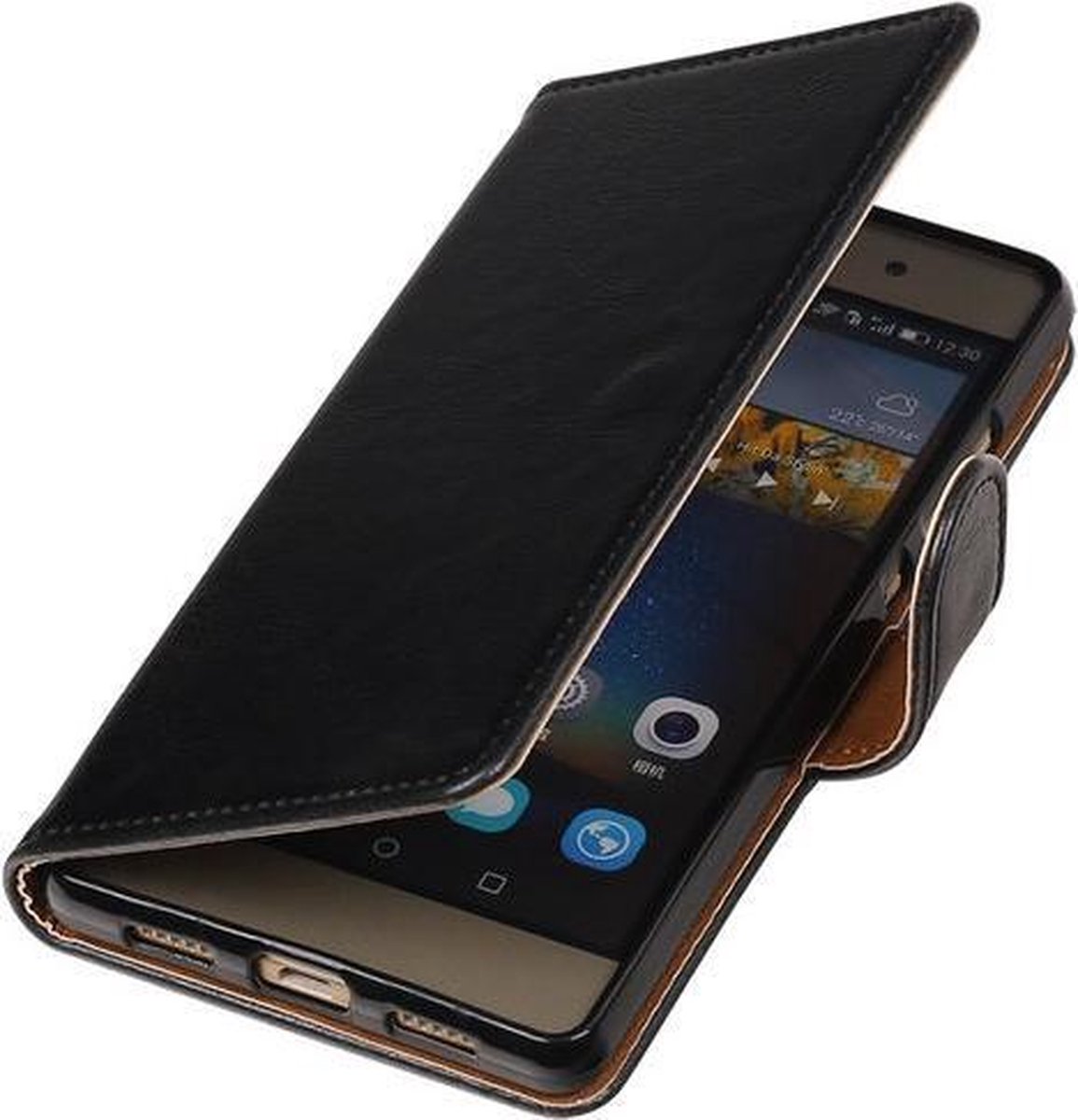 Zwart Pull-Up PU booktype wallet cover hoesje voor Huawei P8 Lite