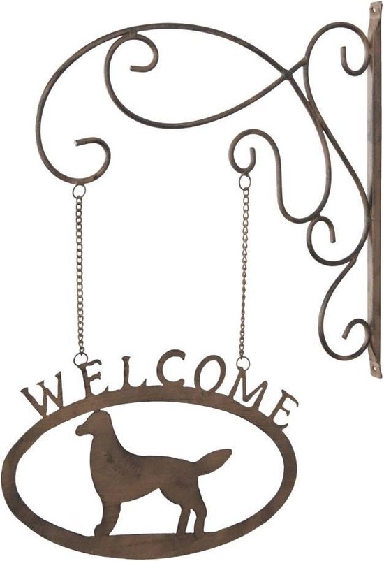 Clayre & Eef - Metalen Uithangbord  met hond en welcome - 35 x 47 cm - bruin - 6Y1374