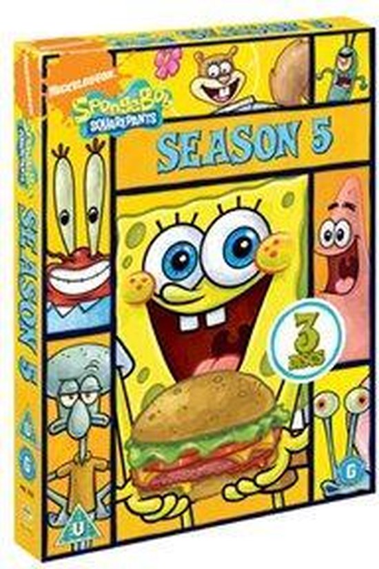 Spongebob Squarepants Seizoen 5 DVD-hoes, staand, met Spongebob en vrienden, "SEASON 5" en "3 DISCS".