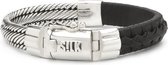 SILK Jewellery - Zilveren Armband - Weave - 741BLK.19 - zwart leer - Maat 19
