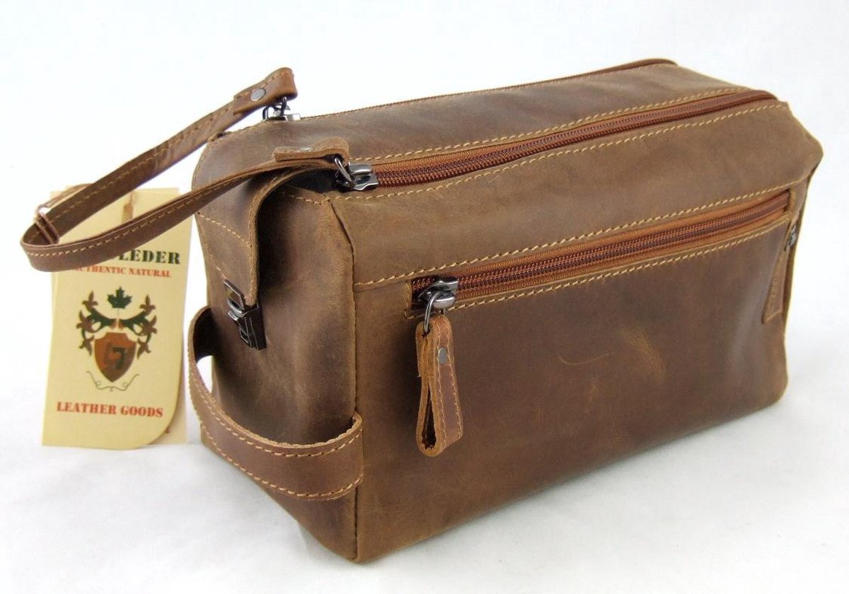 Toilettas - Landleder - Luxe Toilettas - "Rugged Hide" - Leer - Vintage Look - Bruin - afmeting : 26 x 15 x 15 cm.