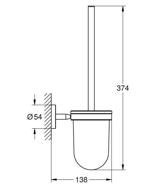 Technische tekening van een wandgemonteerde toiletborstelhouder met afmetingen.