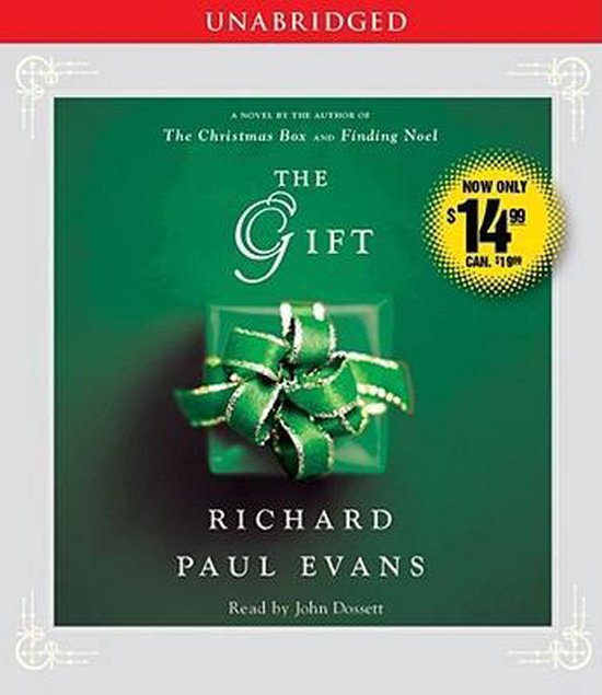 De audioboekcover toont een geschenkdoos met een groene strik. De titel 'The Gift' van Richard Paul Evans staat erop.