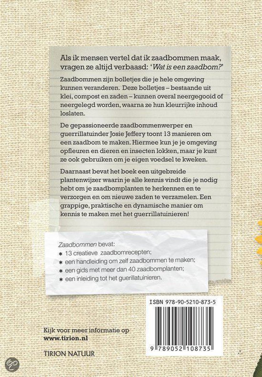 Achterkant boek met informatie over zaadbommen en guerrilla tuinieren, ISBN en QR-code.